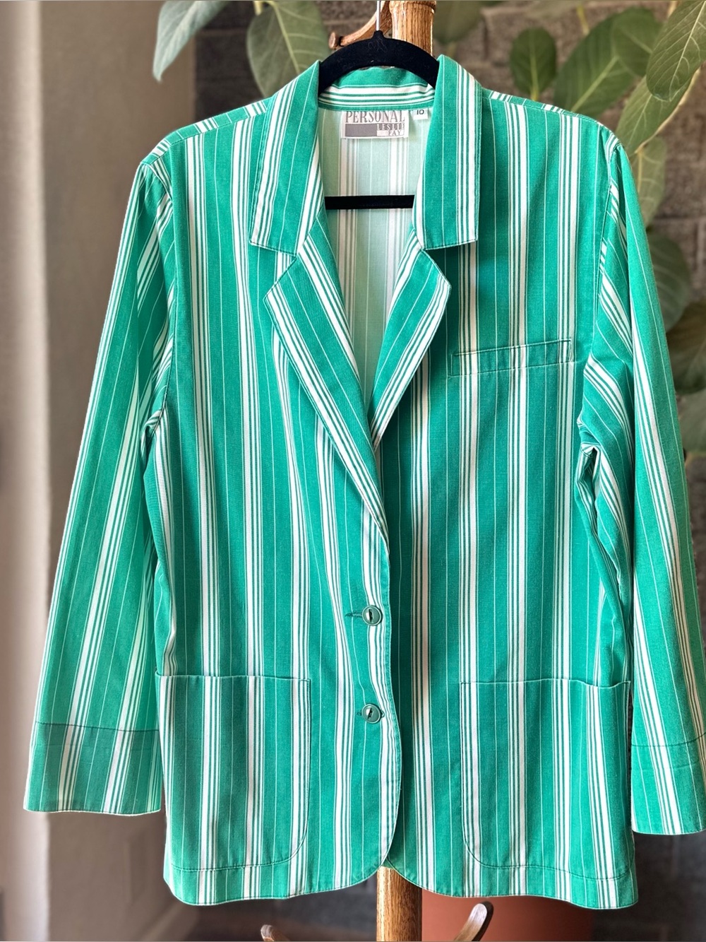 Vintage 90s Leslie Fay Green Candy Striped Blazer
